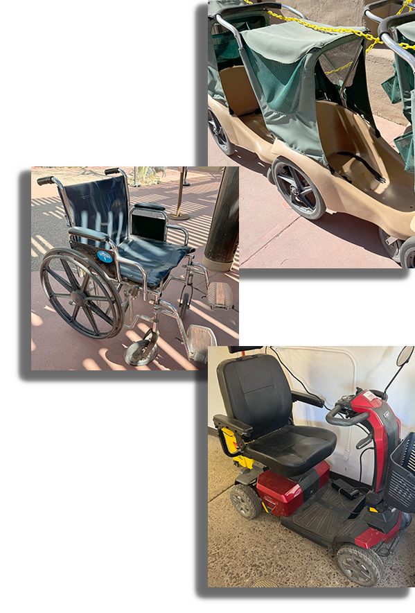 Photos of a stroller, a wheelchair, and an electric scooter